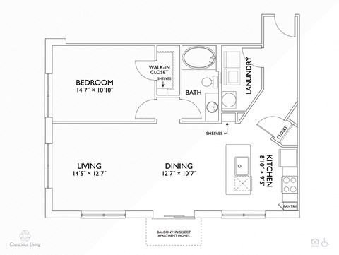 Floor plan for 1 bed, 1 bath, 927 sqft